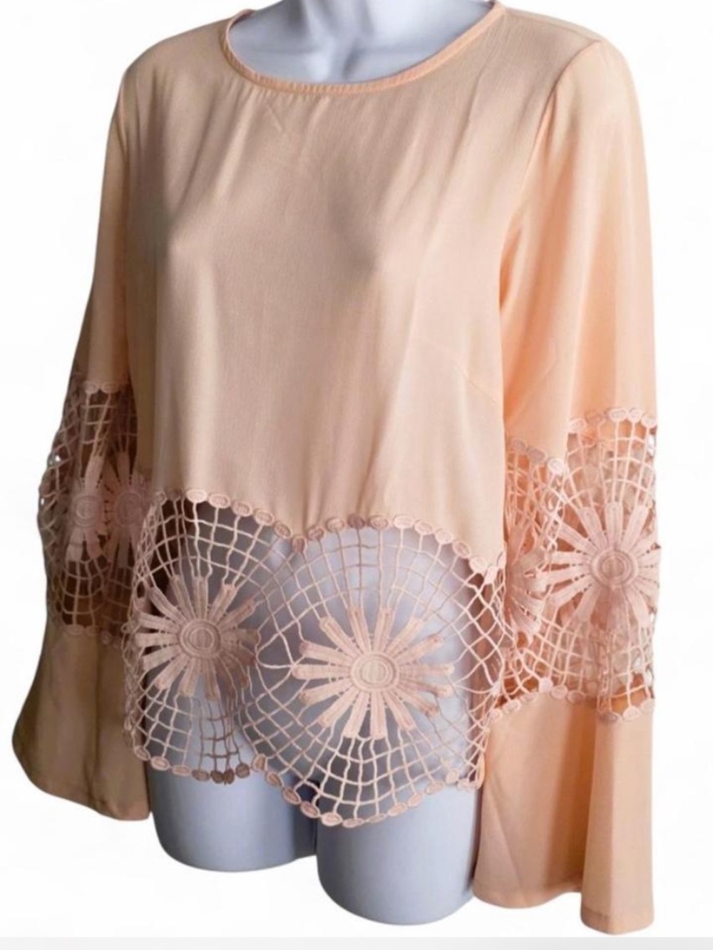 Vintage boho Women's Blush Pink Crochet-Hem Long Sleeve Top - Picture 3 of 8